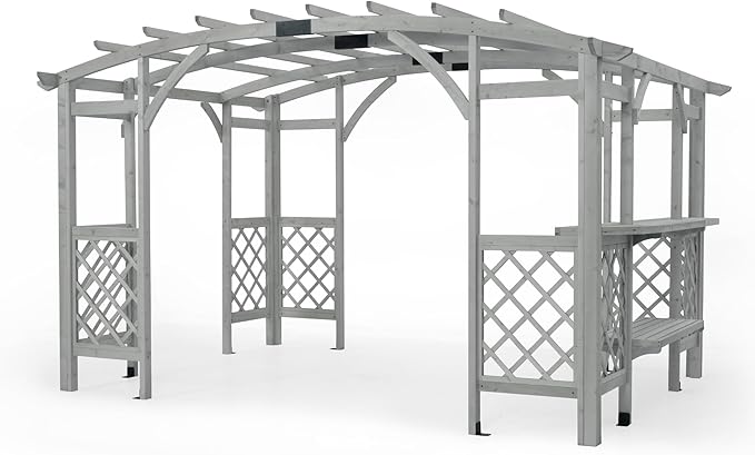 10' x 14' Wood Pergola Outdoor, Patio Pergola Solid Structure with Shelves, Painted Wood Frame with Arched Top for Garden Porch Deck,Grey