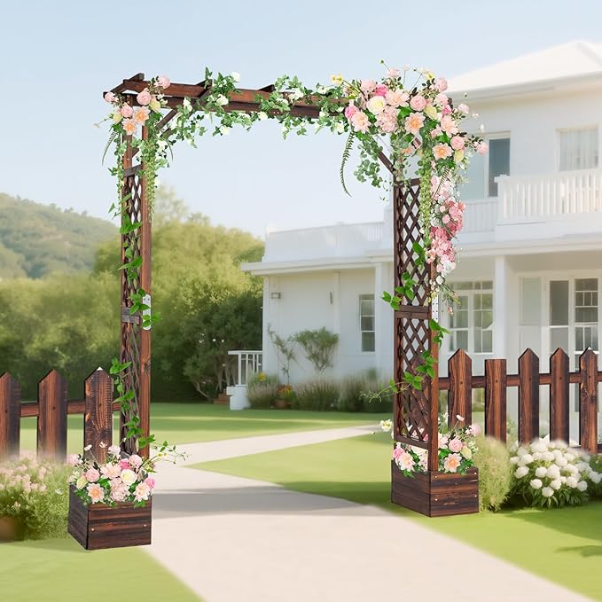 VINGLI Wooden Garden Arbor with Planter, Wedding Arch for Ceremony, Wood Garden Arbour Trellis for Plant Climbing, Pergola for Garden Backyard, Lawn, Outdoor (Carbonized Wood)