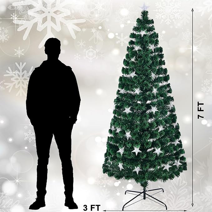 Juegoal 7ft Pre-Lit Artificial Christmas Tree, Lighted Optical Fiber Xmas Trees with Warm White Large Stars & Color Changing Optical Fiber Lights, Party Home Holiday Green Fake Tree with Metal Legs