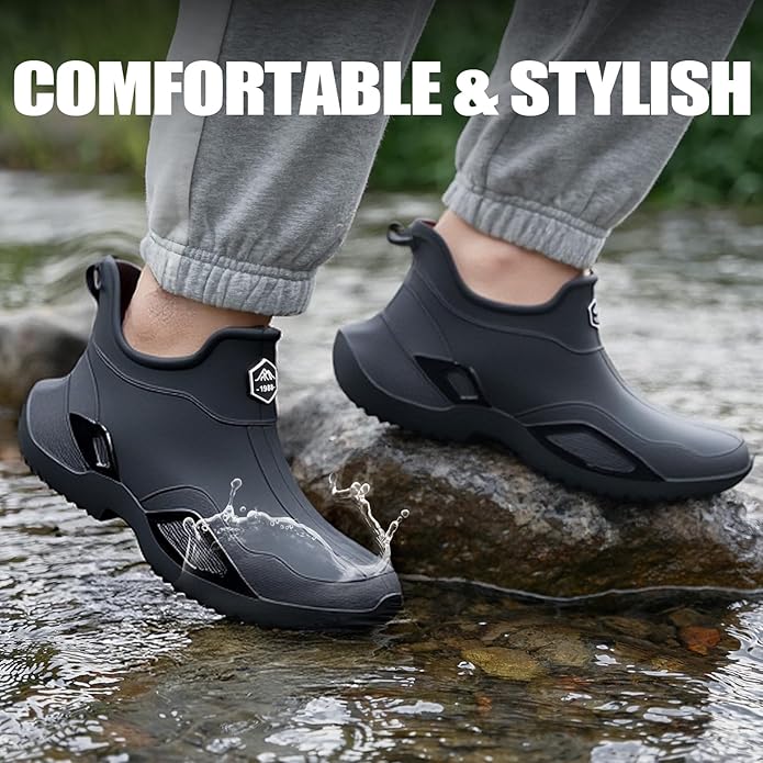 Women's Ankle Rain Boots - Slip On Waterproof Festival & Garden Shoes for Men - Comfortable Lightweight Rubber Wellies with Decorative Buckle