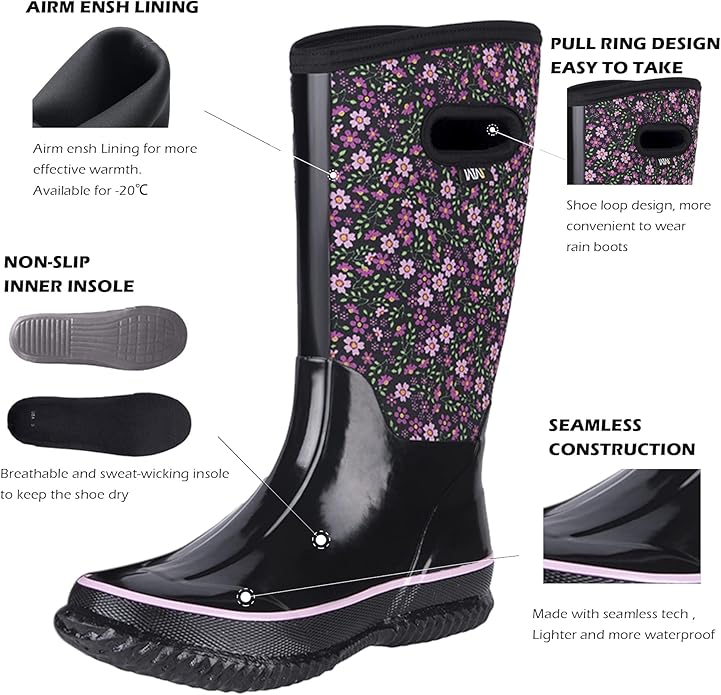 WTW Mid Calf Rain Boots for Women - Waterproof Insulated Neoprene Mud Boots Outdoor Hunting Garden Boots