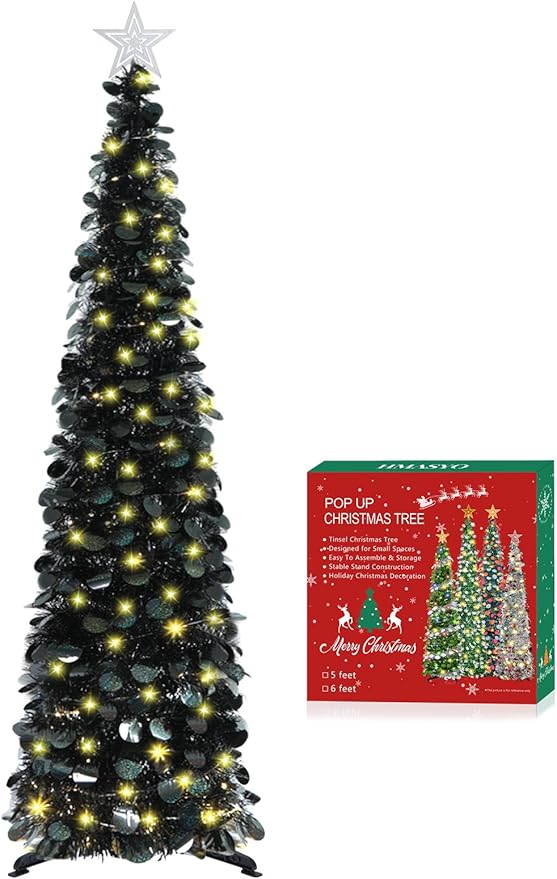 HMASYO 5 FT Pop Up Christmas Tree with Timer Lights, Black Christmas Tinsel Tree, Collapsible Artificial Pencil Christmas Tree for Indoor Home Apartment Porch Holiday Party Decorations