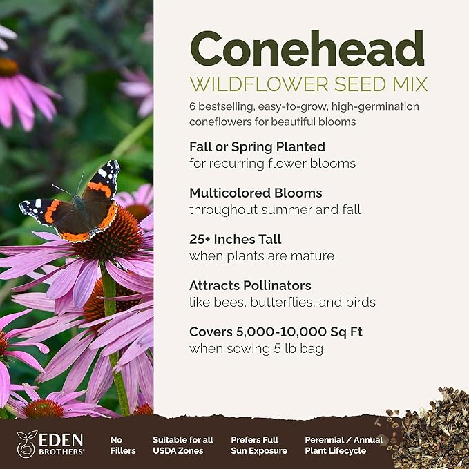 Eden Brothers Conehead Flower Mixed Seeds for Planting, 5 lb, 2,400,000+ Seeds with Prairie Coneflower, Mexican Hat | Attracts Pollinators, Plant in Spring or Fall, Zones 3, 4, 5, 6, 7, 8, 9, 10