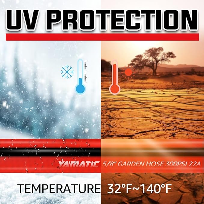 YAMATIC 75FT Garden Hose 5/8 Inch Heavy Duty Water Hose 300 PSI with 3/4 Inch GHT Brass Swivel Connectors – Flexible, Kink-Resistant, Leak-Free, All-Weather Use