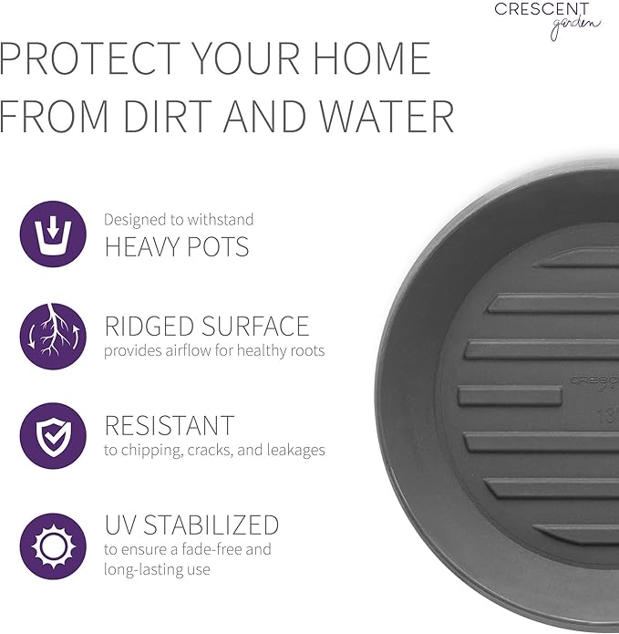 Crescent Garden Universal Round Planter Saucer, Durable Drainage Dish for Plant Pots, Heavy-Duty Plant Dishes Saucer, Indoor & Outdoor Plant Trays - Slate (11 inch Inner, 15 inch Outer Diameter)