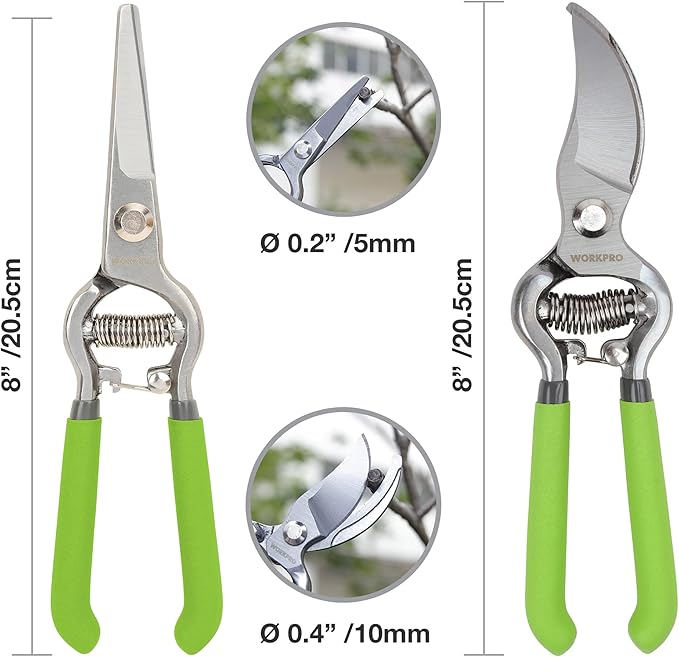 WORKPRO 2-Piece Pruning Shears Set, Drop Forged 8" Bypass Garden Shears and 8'' Handing Pruner with Steel Straight Blade