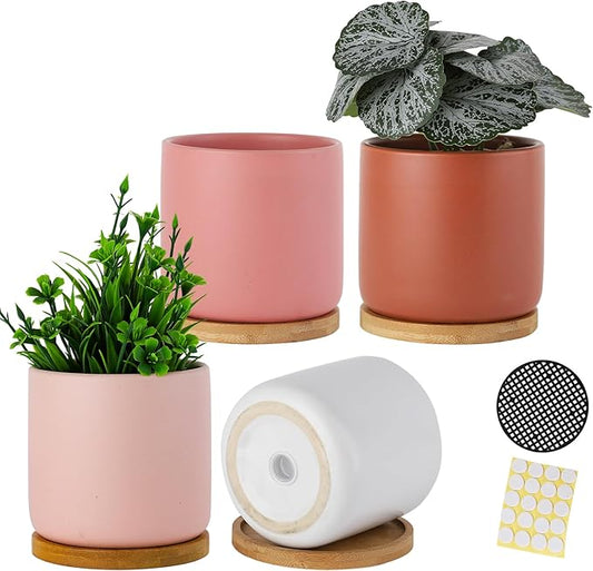 4 Inch Ceramic Plant Pots with Drainage Holes and Trays, Adorable Small Cylinder Flower Planter Pot with Saucers for Indoor Plants, Succulent, Snake Plants, Cactus & Herbs, Multicolor, Set of 4