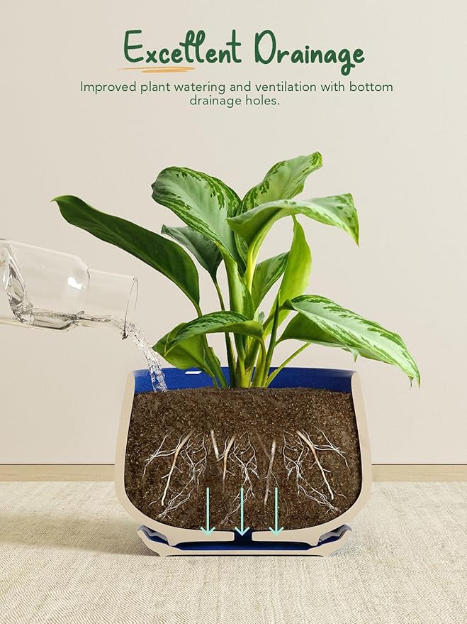 LE TAUCI Plant Pots, 4.1+5.1+6.5 inch, Set of 3, Ceramic Planters with Drainage Hole and Saucer, Indoor Flower Pot with Hole Mesh Pad, Gifts for Mom, Sapphire Blue