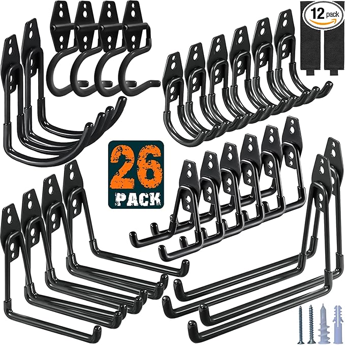 26 Pack Garage Hooks Heavy Duty Utility Steel with Anti-Slip Coating Wall Mount Storage Organizer for Hanging Power and Garden Tools, Ladders, Hose, Bikes, Ropes, Bulk Items, and More