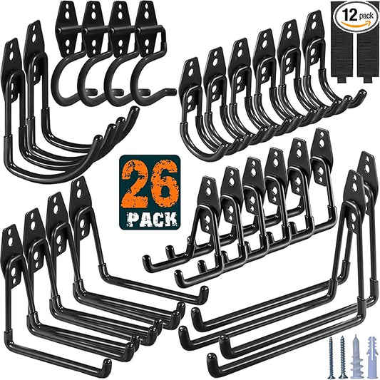 26 Pack Garage Hooks Heavy Duty Utility Steel with Anti-Slip Coating Wall Mount Storage Organizer for Hanging Power and Garden Tools, Ladders, Hose, Bikes, Ropes, Bulk Items, and More