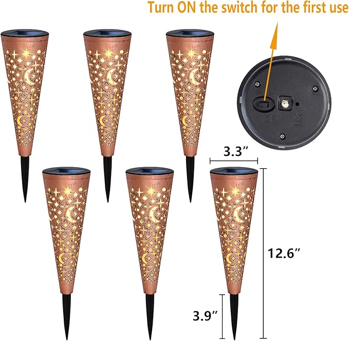 Go2garden Solar Lights Outdoor Decorative Stake Lights Waterproof with Moon Star for Patio, Pathway, Backyard, Outside Decorations, Lawn Ornaments,Garden Gifts (Copper, 6pack)