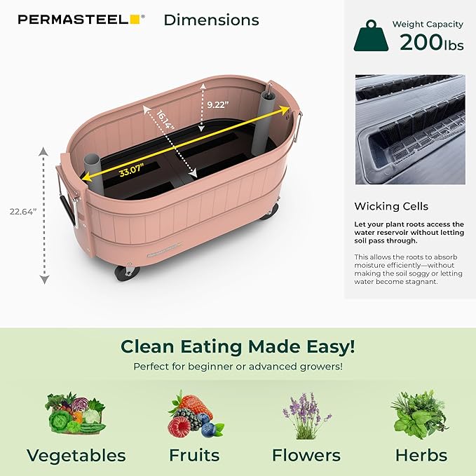 Permasteel Self-Watering Garden Bed, Rolling Planter for Vegetables, Flowers, Herbs, and Fruit, Outdoor Indoor, Caster Wheels, Pink