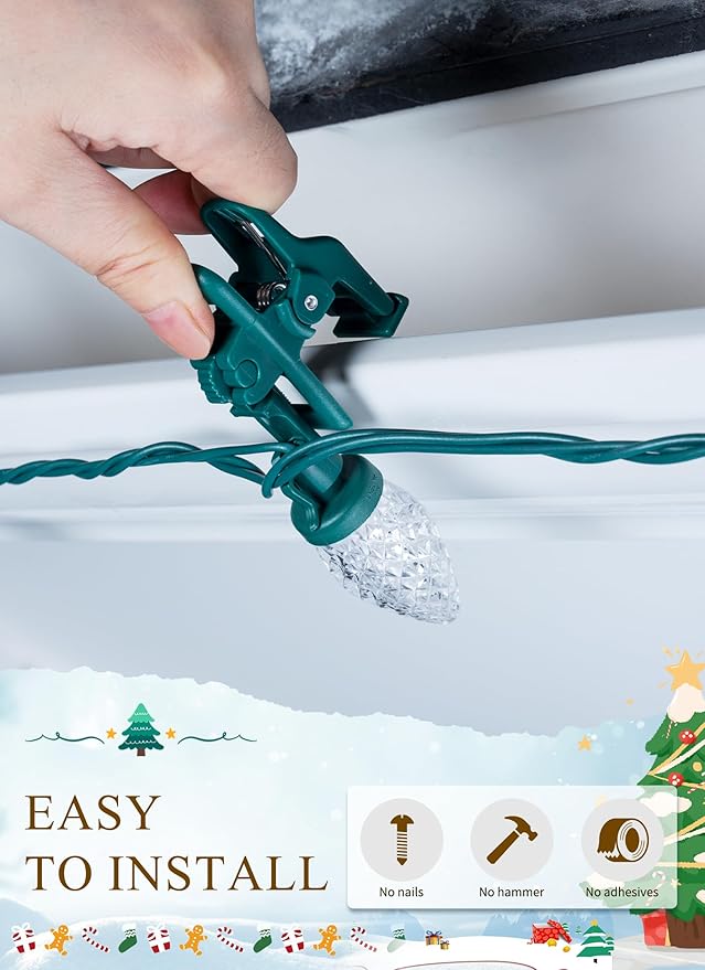 C9 LED Christmas Lights Outdoor, 66 Feet 100 LED C9 String Lights with 100 Spring Clips, Waterproof Connectable Christmas Tree Lights for Outside Roofline Patio Home Xmas Decor, Warm White 2 Pack