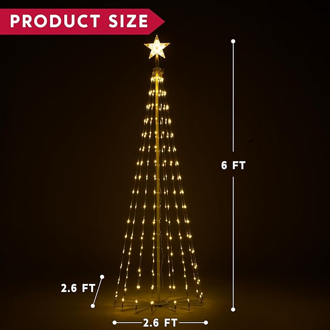 JOIEDOMI LED Christmas Cone Tree Lights, 6FT Outdoor Lighted Tree with 8 Lighting Modes & Star Topper, Christmas Decorations for Yard Porch Patio Garden Holiday Decor, Multicolor