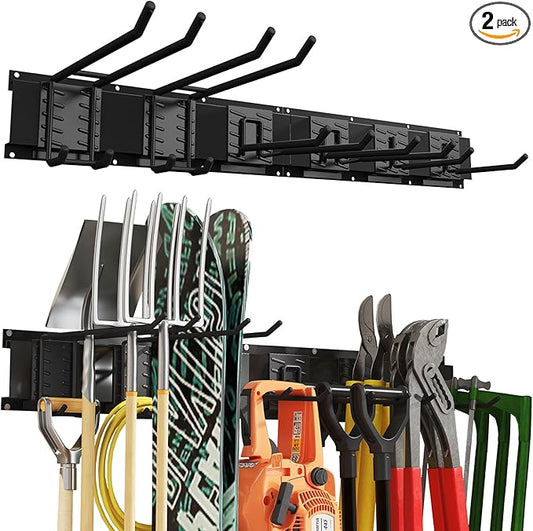 32 Inches Garage Organization,Wall Mount Garden Tool Organizer, 440lbs Adjustable Heavy Duty Metal Hanging Hooks, Garden Tool Hangers Storage Rack for Garage, Yard, and Shed (2 Racks, 6 Hooks)