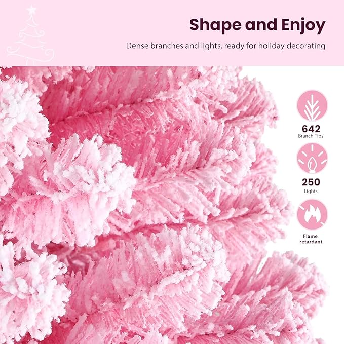 SHareconn 6ft Prelit Snow Flocked Spruce Artificial Christmas Tree with Remote (Upgraded), 330 Pre-Lit Multi-Color RGB Lights, Full Snow Branch Tips for Home, Office, Xmas Decoration, 6 FT Pink