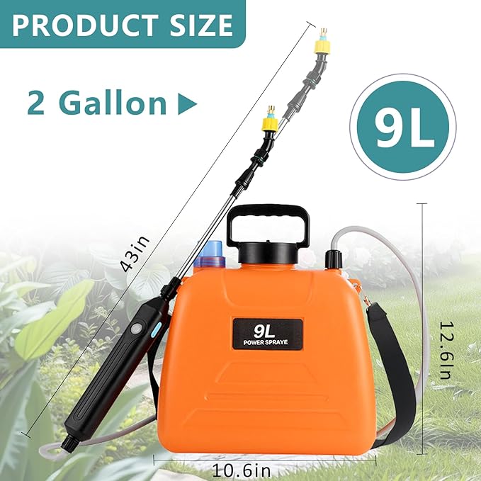 Battery Powered Sprayer, 2.4 Gallon Electric Garden Sprayer, Automatic Power Weed Spray Battery Operated with Adjustable Shoulder Strap and Rechargeable Handle for Yard, Lawn, 3 Mist Nozzles (Orange)
