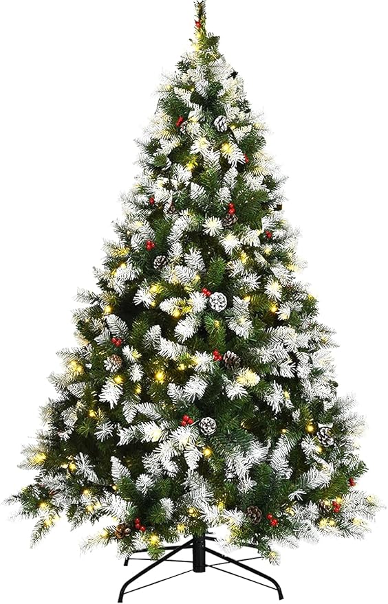 SIMOE 9ft Pre-Lit Snow Flocked Artificial Christmas Tree w/ 2058 Tips, Pine Cones & Berries, Xmas Tree w/Metal Stand and Hinged Branches, Easy Assembly Indoor Holiday Decor