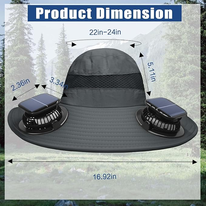 Solar Fan Hat for Men Women - Wide Brim Solar Fan Outdoor Fishing Hat with 2 Removable Fans