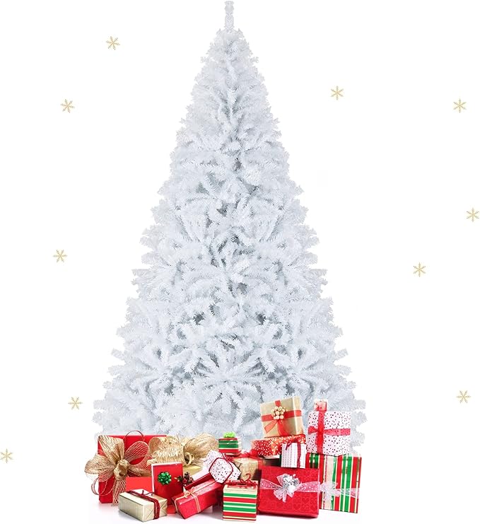 Goplus White Artificial Christmas Tree, 9ft Premium Unlit Hinged Spruce Full Tree, with Metal Stand, Easy Assembly, for Indoor and Outdoor Use