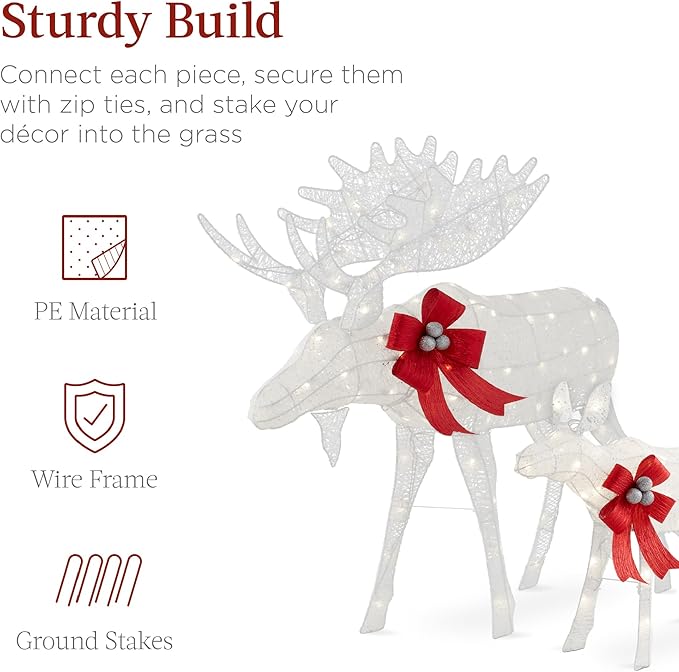 Best Choice Products 5ft 2-Piece Moose Family, Lighted Outdoor Christmas Yard Decoration, Light-Up Décor Set w/ 370 LED Lights, Zip Ties - White