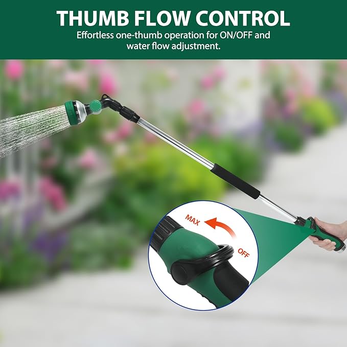 Telescoping Watering Wand for Garden Hose, 36”-54” Adjustable, 10 Spray Patterns, Heavy-Duty Hose Nozzle with Thumb Control & Pivoting Head, Ideal for Hanging Baskets and Shrubs, Green
