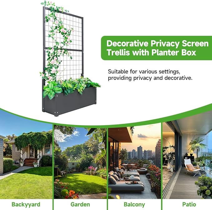 Metal Planter with Trellis Raised Garden Beds Outdoor (35.5" L*12" W*59" H) Inch Planter Box with Trellis&Privacy Screen for Climbing Plants, Vegetables, Vines