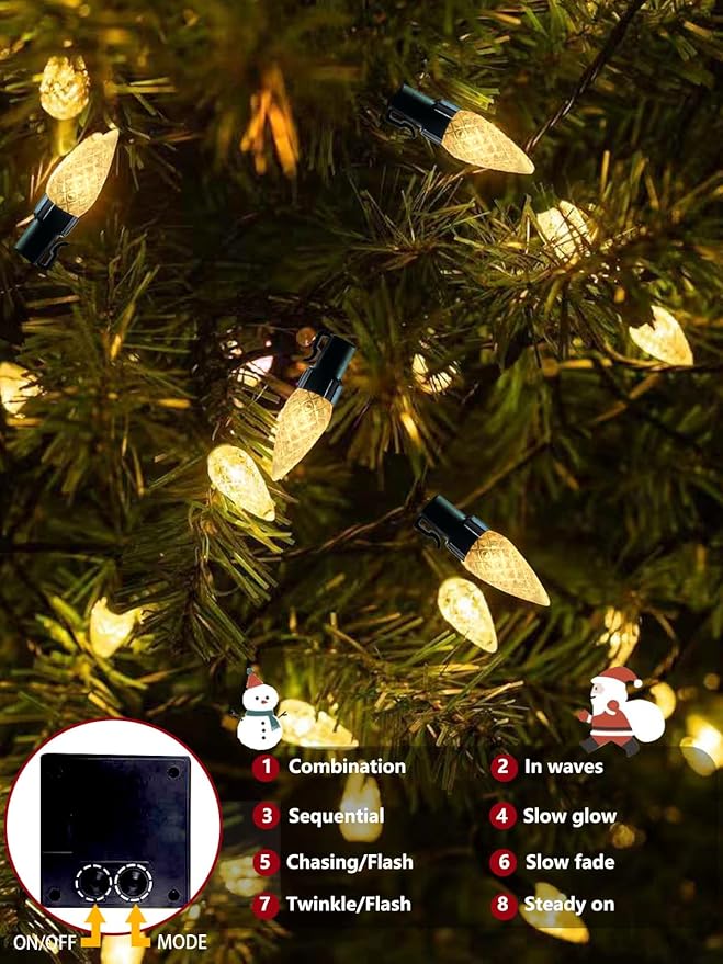 C6 Solar Christmas Lights Outdoor, 50 LED 16FT Christmas Decorations Outdoor Waterproof, Solar String Lights for Outside with 8 Modes, Fairy Twinkle Light for Tree Party Garden Xmas Decor (Warm White)