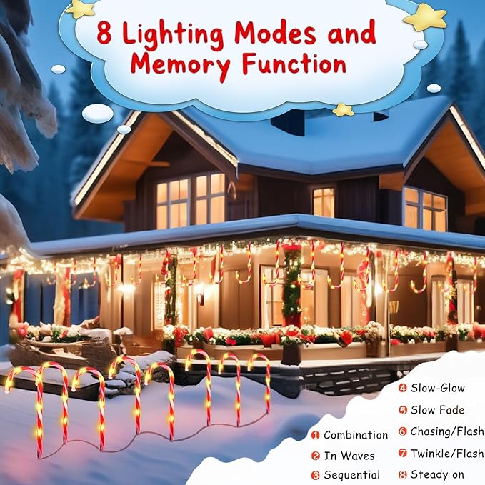 8 Pack Christmas Candy Cane Lights, Christmas Decorations Outdoor Waterproof, Pathway Light Plug in with 8 Lighting Modes & Memory Function for Outside Path Walkway Party Garden Yard Patio Xmas Decor