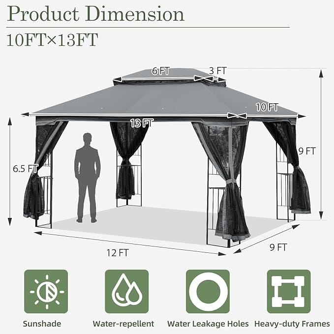 ECOTOUGE 10' X 13' Outdoor Gazebo, Soft Double Roof Canopy Tent with Mosquito Netting, Party Tent Shelter with Corner Frame Shelves for Patio, Backyard, Deck, Grey