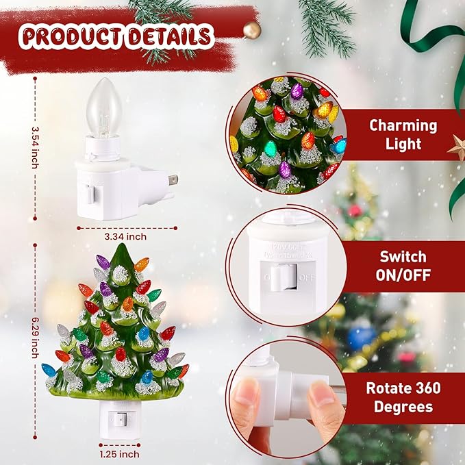 Tfro & Cile Ceramic Christmas Tree Night Light 2 Pack Xmas Decorative Tree Lamp Small Vintage Light Up Bathroom Decor with On/Off Switch for Home Bedroom