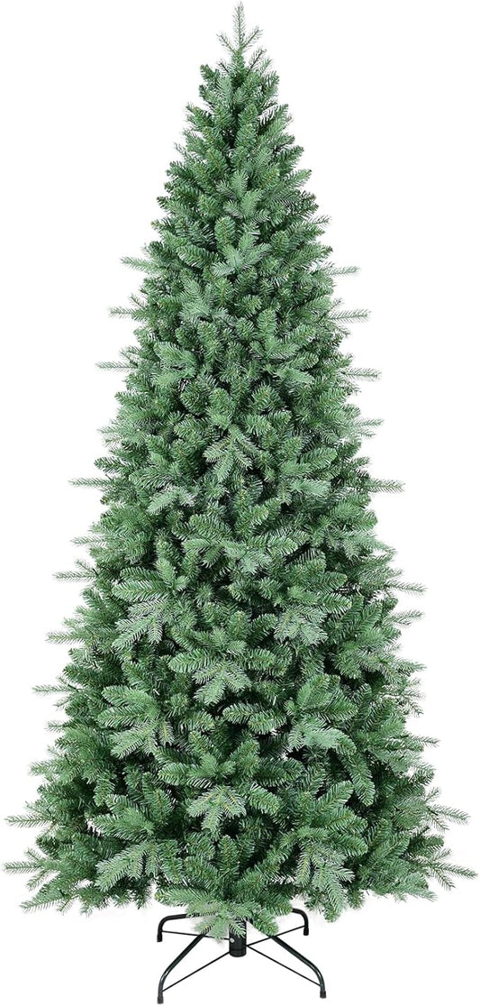 7 FT Artificial Skinny Christmas Tree,Unlit Blue Spruce Slim Pencil Xmas Tree with 1552 PE&PVC Mixed Branch Tips,Hinged Pine Tree with Metal Stand for Home Office Décor