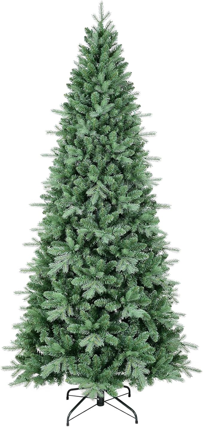 8 FT Artificial Skinny Christmas Tree,Unlit Blue Spruce Slim Pencil Xmas Tree with 1987 PE&PVC Mixed Branch Tips,Hinged Pine Tree with Metal Stand for Home Office Décor