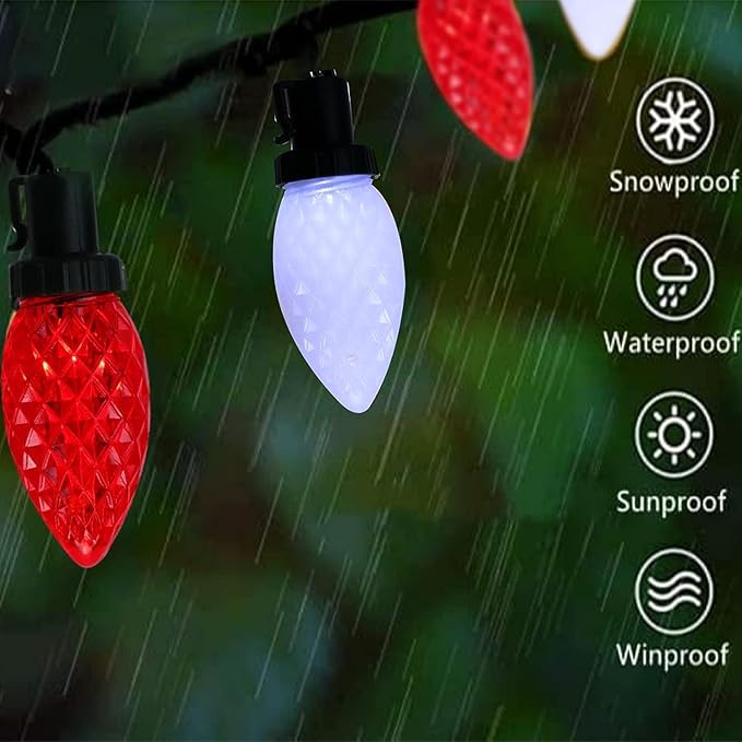 KAQ 2PK 100LED Red & Cool White C9 Christmas Lights Waterproof Indoor Outdoor, Extendable 98FT String Lights Plug in with 13 Lighting Modes, Christmas Decorations for Party Patio, Outside Yard Decor