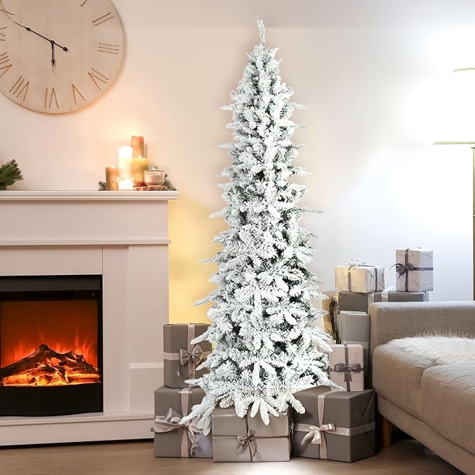 Fraser Hill Farm 6.5-Ft Slim Mountain Pine Flocked Artificial Christmas Tree with Stand, Unlit Foldable Skinny Fake Tree with Realistic Snowy Foliage, Holiday Décor Greenery for Winter Decoration