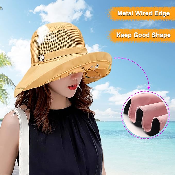 Women Wide Brim Sun Hats Metal Wired Edge Summer UV Protection Beach Fishing Hat for Hiking Garden Travel Chin Strap