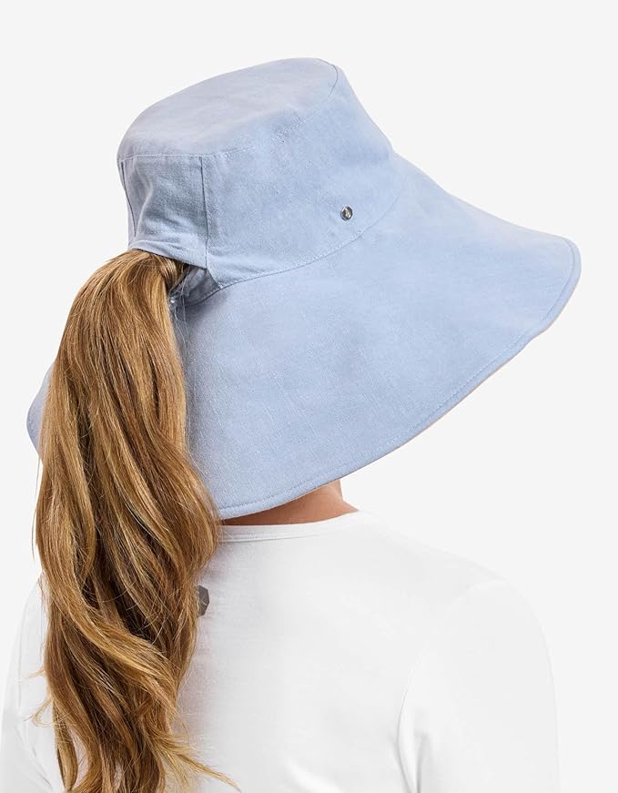 Solbari Women’s Ultra-Wide Cotton Linen Sun Hat UPF 50+, Packable, Adjustable with Ponytail Hole for Travel, Beach & Outdoors