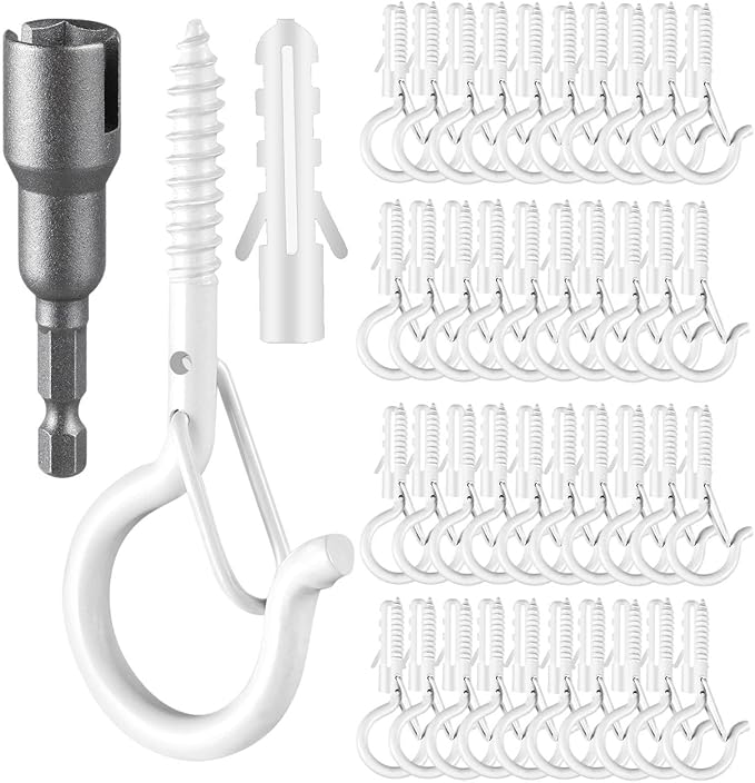 48 PCS Q-Hanger Hooks, Screw Hooks for Outdoor String Lights, Safety Buckle Design Cup Eye Hook for Hanging Christmas Lights, Plants, Mounted on Wall Ceiling, Include 1 Wing Nut Driver, White
