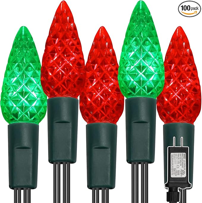 WATERGLIDE C6 Christmas Lights, 33ft 100 LED Faceted String Lights Green Wire Fairy Lights with Safe Adaptor, 8 Lighting Mode, Waterproof for Indoor Outdoor Patio Xmas Tree Party Decor, Red & Green