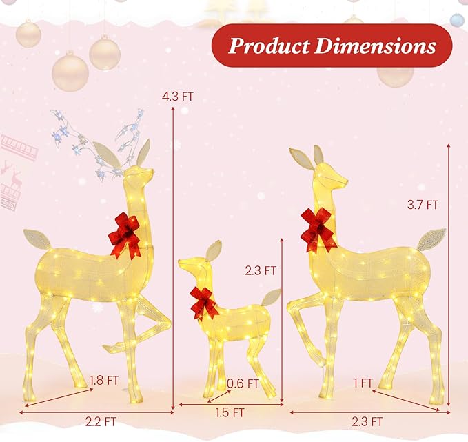 Tangkula 3 Pieces Christmas Lighted Reindeer Family Set, Indoor/Outdoor Christmas Decoration with LED Lights & RGB Flashing Lights, Ground Stakes, Light up Holiday Deer Decoration for Yard Lawn Party