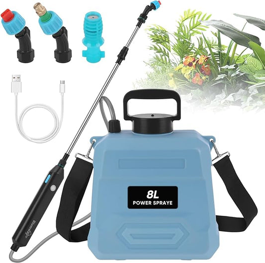BlumWay Battery Powered Sprayer 2 Gallon,Powerful Electric Sprayer with 3 Mist Nozzles, Retractable Wand, Garden Water Spray with Adjustable Shoulder Strap for Lawn,Gardening
