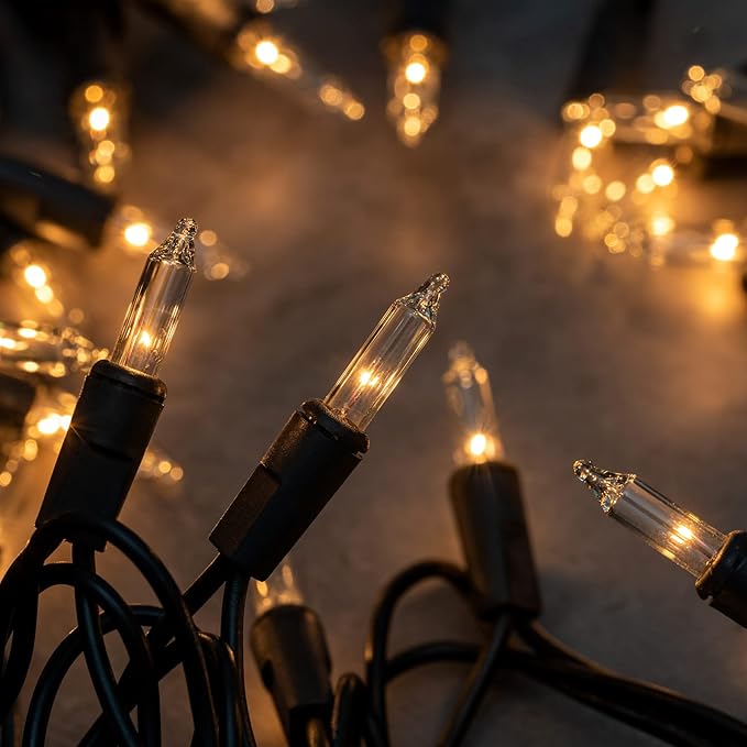 YULETIME 200 Clear Christmas Lights with Black Wire, Pack of 2 Strands of 21 ft 100 Count UL Certified Incandescent Mini String Light (Clear - Black Wire)