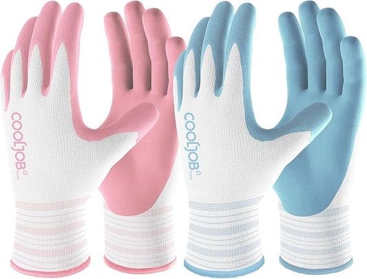 COOLJOB 6 Pairs Gardening Gloves for Women Ladies, Breathable Rubber Coated for Yard Garden, Outdoor Indoor Protective Work with Grip, Small Size, Blue & Pink