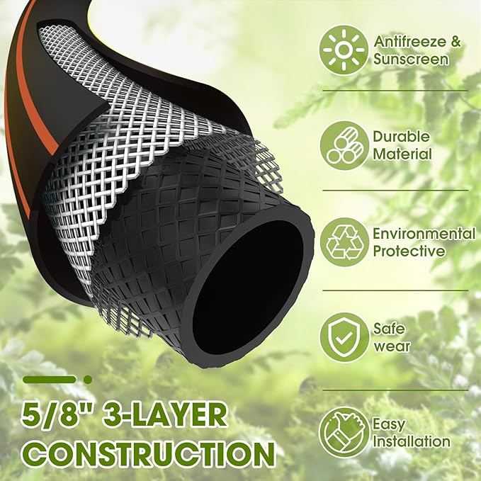 Heavy Duty Garden Hose – 5/8 Inch Flexible, Lightweight Hybrid Hose with 600 PSI Burst Pressure, Swivel Handle, and Durable Copper Male/Female Fittings (Black, 100FT)