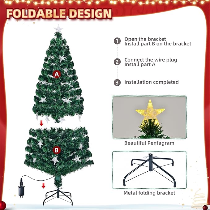 Juegoal 6ft Pre-Lit Artificial Christmas Tree, Lighted Optical Fiber Xmas Trees with Warm White Large Stars & Color Changing Optical Fiber Lights, Party Home Holiday Green Fake Tree with Metal Legs