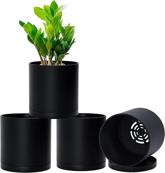 D'vine Dev 4 Pack 5.5 Inch Modern Plastic Plant Pots, Small Garden Planters for Plant with Drainage Holes and Saucers, Black Color, 74-Y-H-2