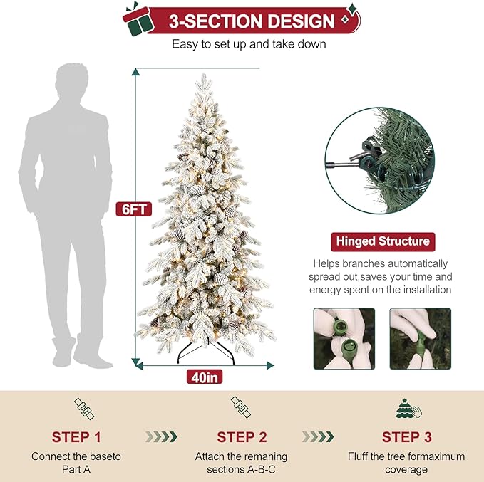 6 FT Pre-Lit Snow Flocked Slim Fir Christmas Tree with 935 PE & PVC Mixed Branch Tips,Artificial Skinny Pencil Xmas Tree with 600 Warm-White Lights & 31 Pine Cones,Hinged Pine Tree with Metal Stand