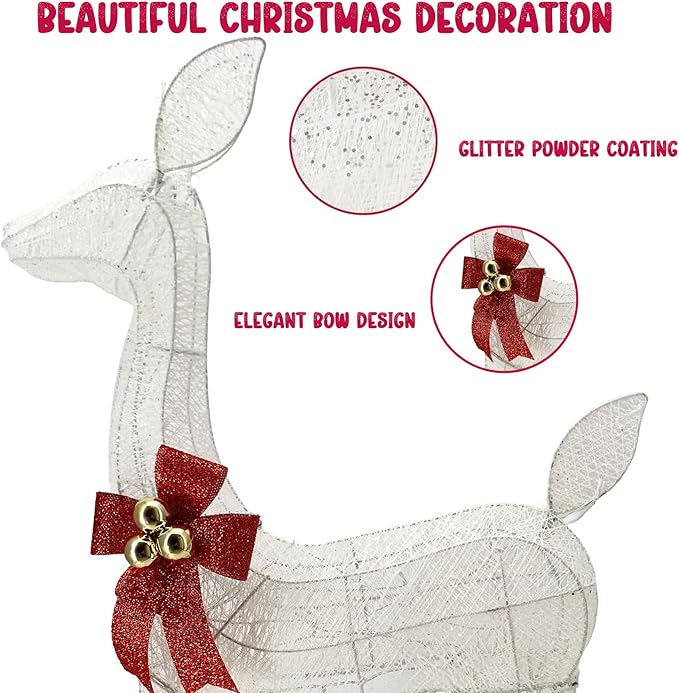 55" Outdoor Lighted Reindeer Christmas Decorations, 3-Piece Reindeer Family Set with 240 LEDs, Bells, Red Bows, Durable Weatherproof Metal Frame for Yard, Garden, Indoor Holiday Decor, White