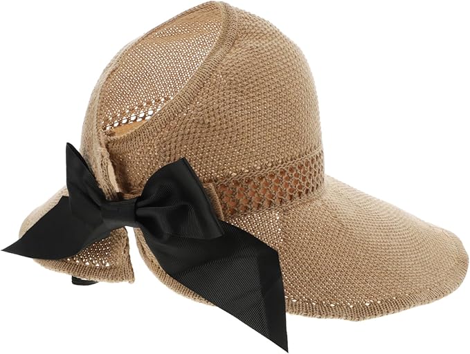 Foldable Bowknot Straw Sun Hat for Women Lightweight Wide Brim Beach Visor for Outdoor Activities Breathable Summer Sun Protection Accessory Portable Garden and Hiking Cap Khaki