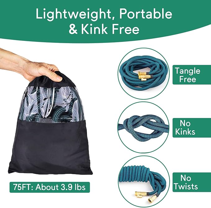 75 FT Expandable Garden Hose, 2025 New No Kink Water Hose 75ft, 10 Pattern Nozzle, Leakproof Solid Brass Fittings, Extra Strong Outer Fabric, Durable 3-Layer Latex Core, Ultra Lightweight, No Tangle